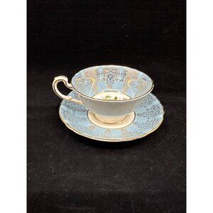 Paragon Fine Bone China Cup & Saucer Set Pink Cabbage Rose Floral Blue Gold Trim